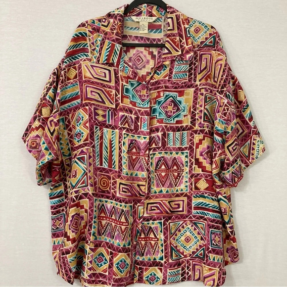 Vintage Melrose Abstract Print Geometric 100% Silk Short Sleeve Button Down 2X - Picture 1 of 9